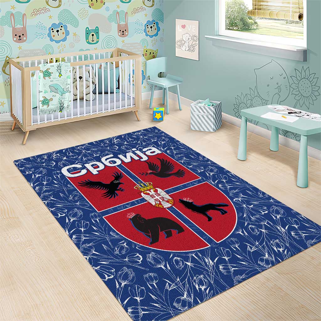 Serbia Area Rug with Royal Animal Crest and Tulip Floral Blue Background