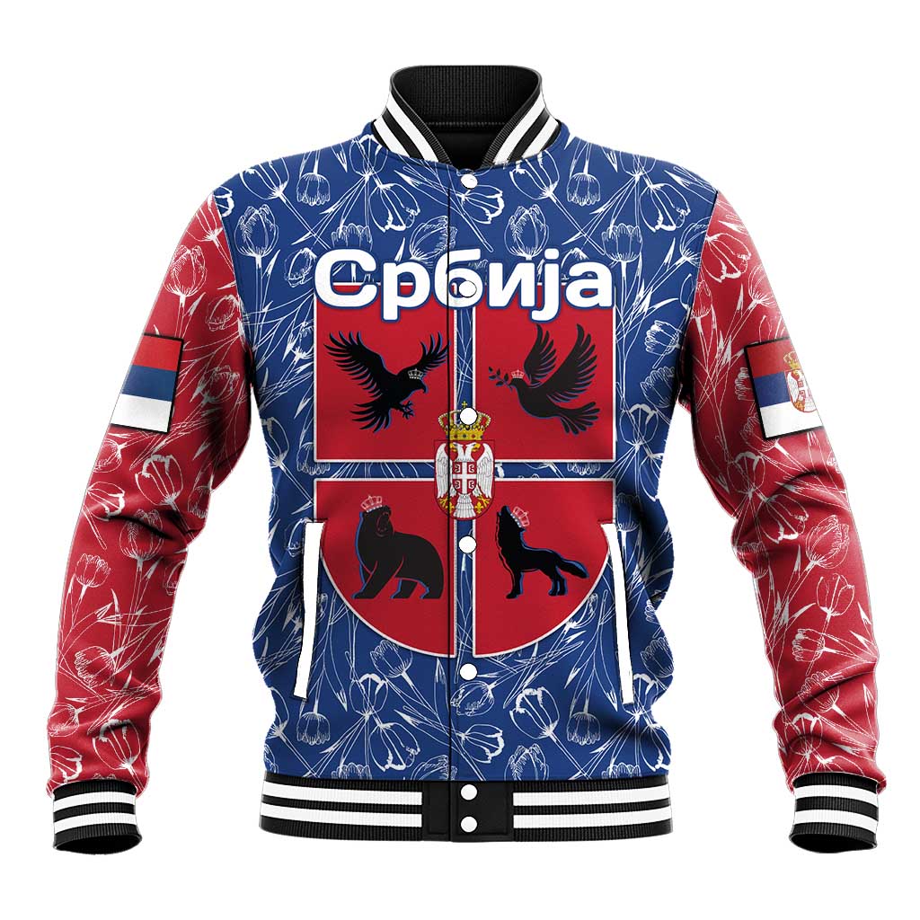Serbia Baseball Jacket with Royal Animal Crest and Tulip Floral Blue Background