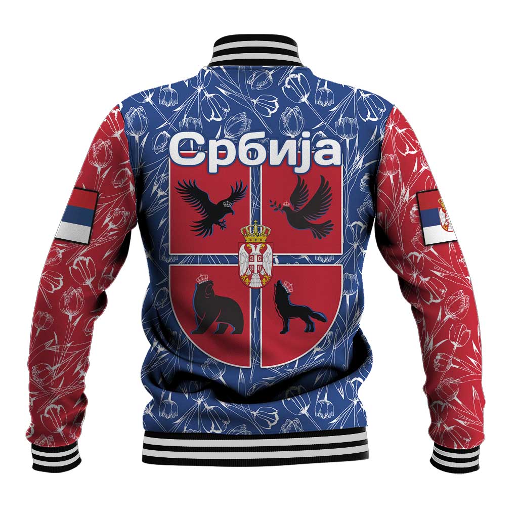 Serbia Baseball Jacket with Royal Animal Crest and Tulip Floral Blue Background