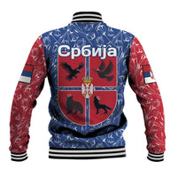 Serbia Baseball Jacket with Royal Animal Crest and Tulip Floral Blue Background