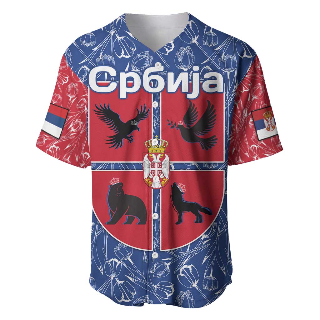 Serbia Baseball Jersey with Royal Animal Crest and Tulip Floral Blue Background