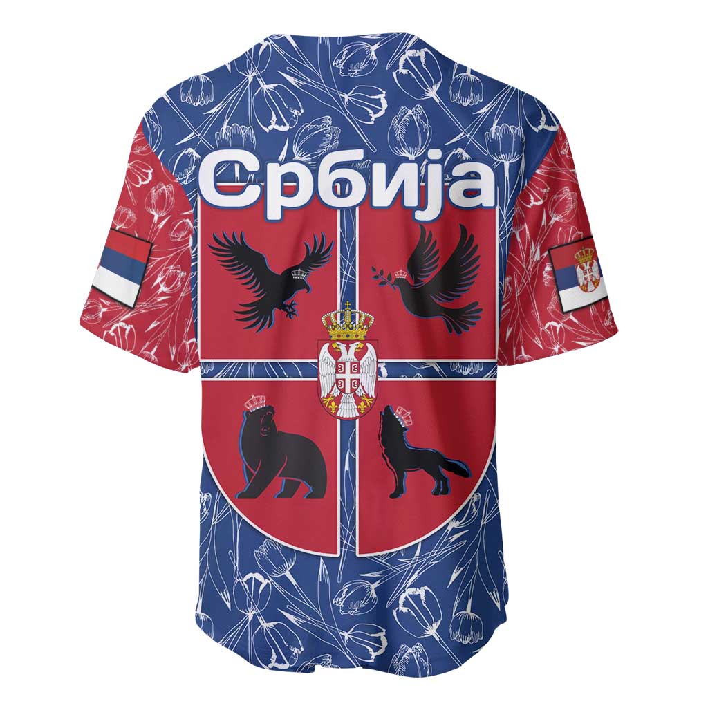 Serbia Baseball Jersey with Royal Animal Crest and Tulip Floral Blue Background