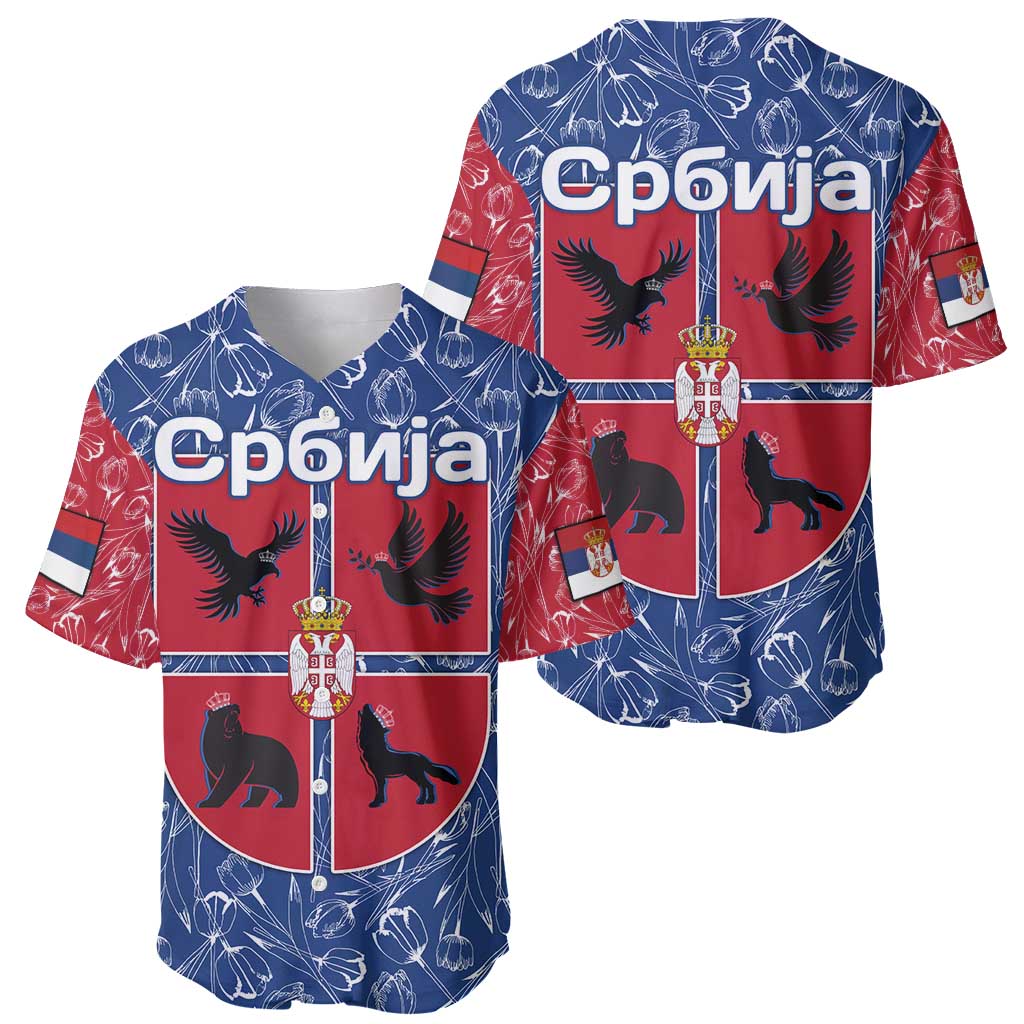 Serbia Baseball Jersey with Royal Animal Crest and Tulip Floral Blue Background