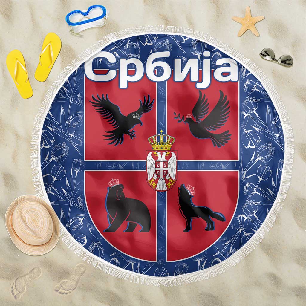 Serbia Beach Blanket with Royal Animal Crest and Tulip Floral Blue Background