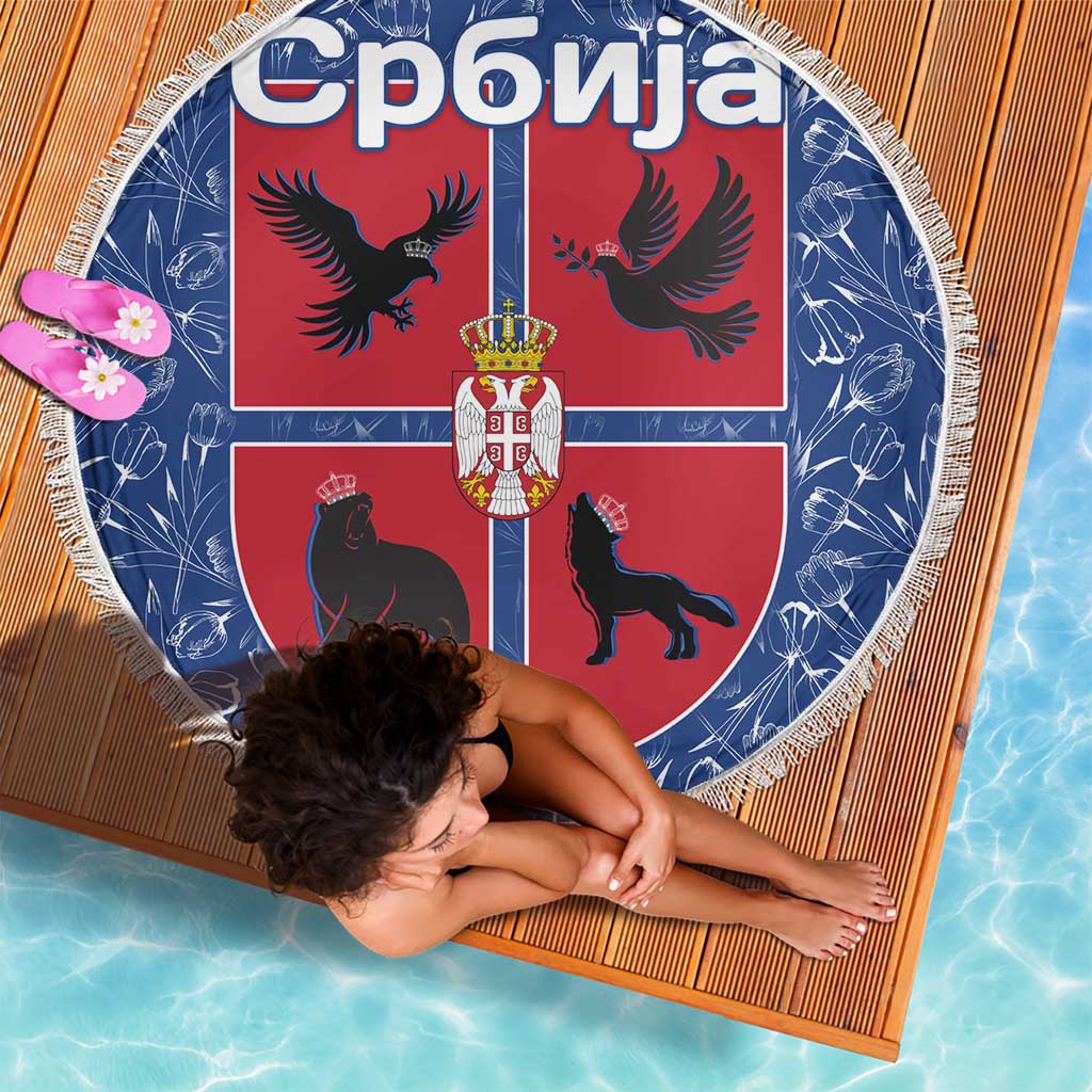 Serbia Beach Blanket with Royal Animal Crest and Tulip Floral Blue Background