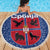 Serbia Beach Blanket with Royal Animal Crest and Tulip Floral Blue Background