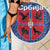 Serbia Beach Blanket with Royal Animal Crest and Tulip Floral Blue Background