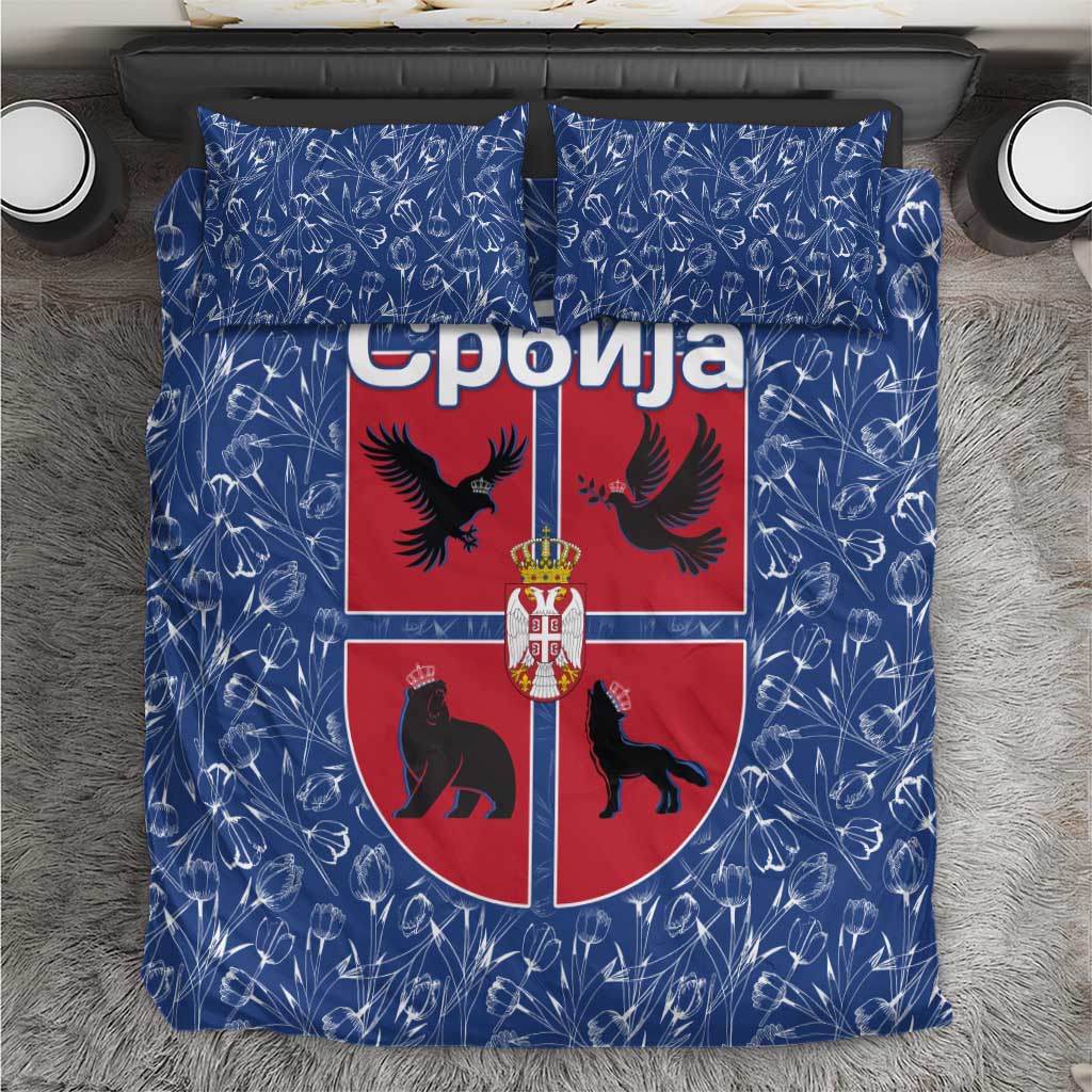 Serbia Bedding Set with Royal Animal Crest and Tulip Floral Blue Background