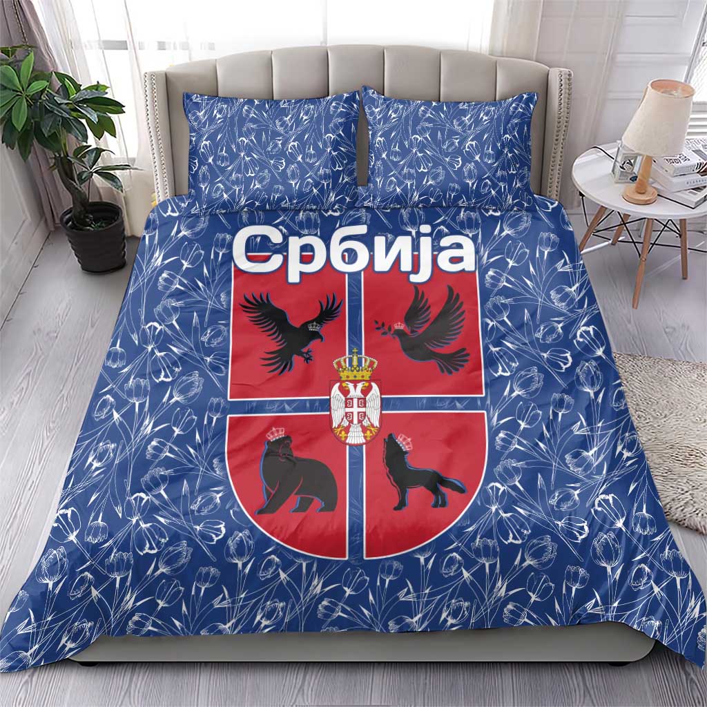 Serbia Bedding Set with Royal Animal Crest and Tulip Floral Blue Background