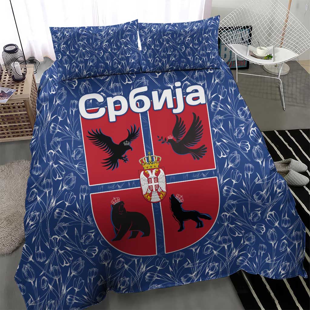 Serbia Bedding Set with Royal Animal Crest and Tulip Floral Blue Background