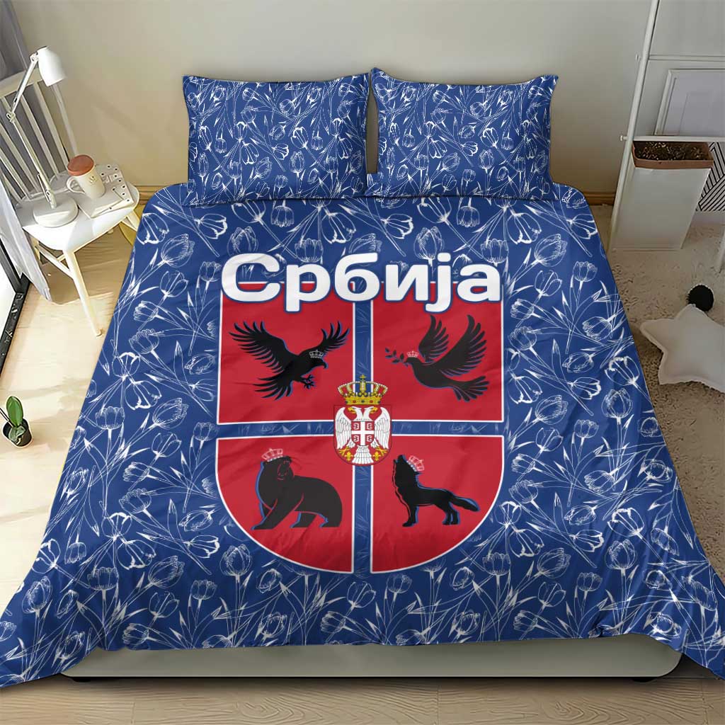 Serbia Bedding Set with Royal Animal Crest and Tulip Floral Blue Background