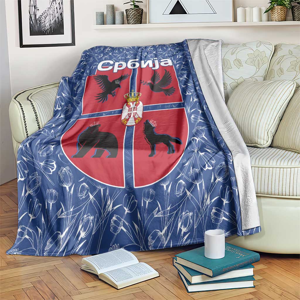 Serbia Blanket with Royal Animal Crest and Tulip Floral Blue Background