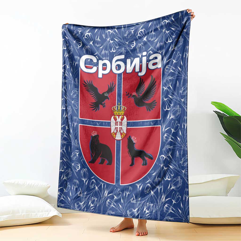Serbia Blanket with Royal Animal Crest and Tulip Floral Blue Background