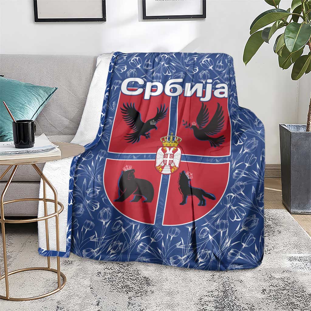 Serbia Blanket with Royal Animal Crest and Tulip Floral Blue Background