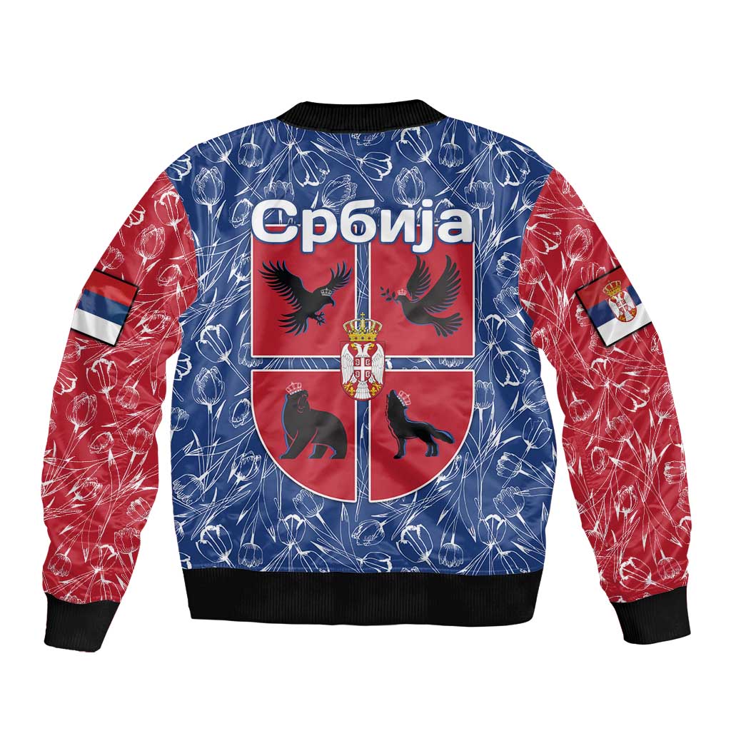 Serbia Bomber Jacket with Royal Animal Crest and Tulip Floral Blue Background