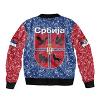 Serbia Bomber Jacket with Royal Animal Crest and Tulip Floral Blue Background