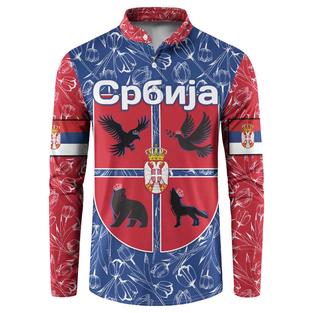 Serbia Button Sweatshirt with Royal Animal Crest and Tulip Floral Blue Background