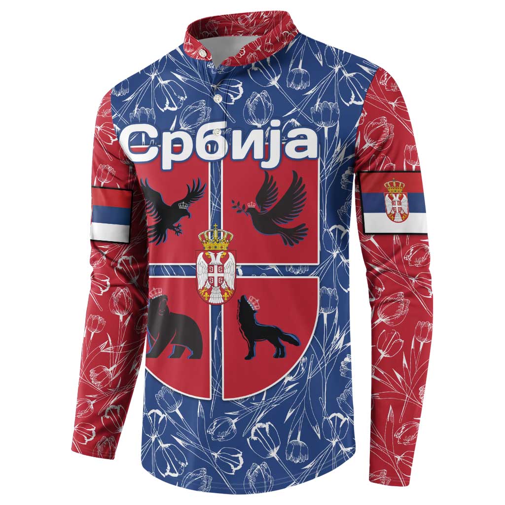 Serbia Button Sweatshirt with Royal Animal Crest and Tulip Floral Blue Background