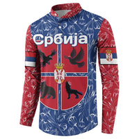 Serbia Button Sweatshirt with Royal Animal Crest and Tulip Floral Blue Background