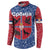 Serbia Button Sweatshirt with Royal Animal Crest and Tulip Floral Blue Background