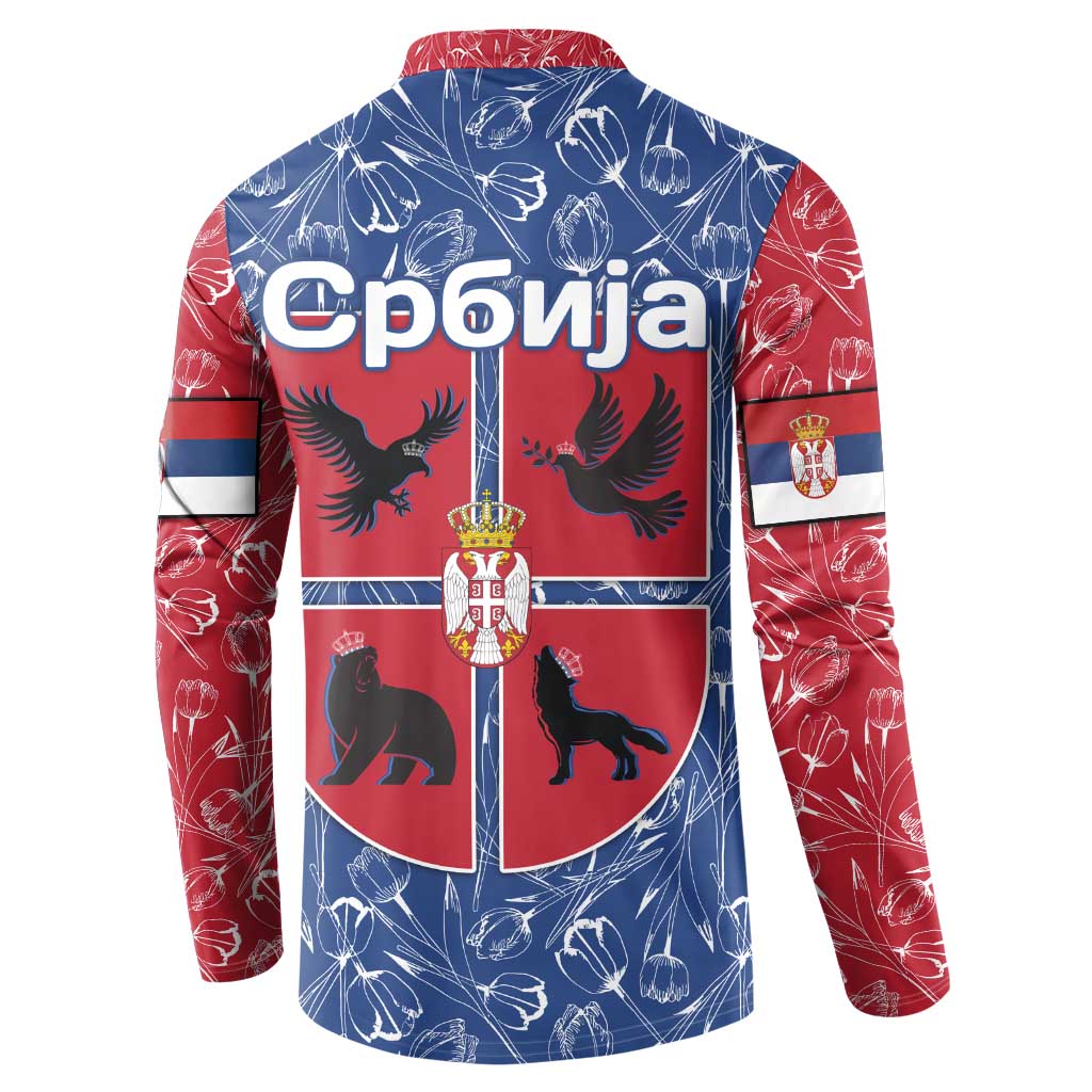 Serbia Button Sweatshirt with Royal Animal Crest and Tulip Floral Blue Background