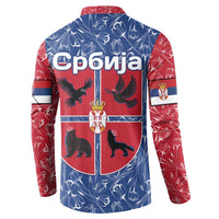 Serbia Button Sweatshirt with Royal Animal Crest and Tulip Floral Blue Background