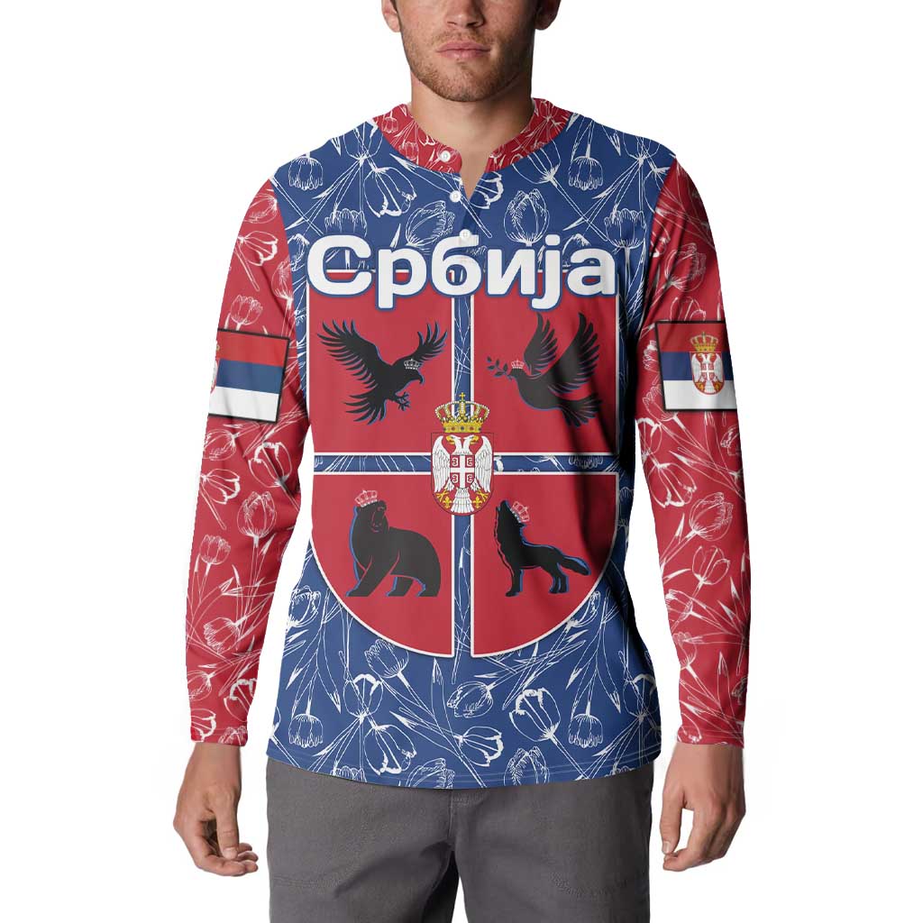 Serbia Button Sweatshirt with Royal Animal Crest and Tulip Floral Blue Background