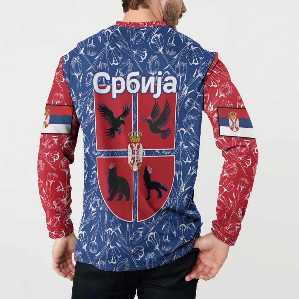 Serbia Button Sweatshirt with Royal Animal Crest and Tulip Floral Blue Background