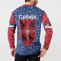 Serbia Button Sweatshirt with Royal Animal Crest and Tulip Floral Blue Background