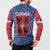 Serbia Button Sweatshirt with Royal Animal Crest and Tulip Floral Blue Background