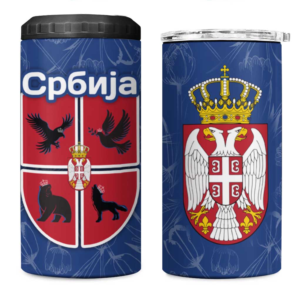 Serbia 4 in 1 Can Cooler Tumbler with Royal Animal Crest and Tulip Floral Blue Background