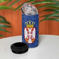 Serbia 4 in 1 Can Cooler Tumbler with Royal Animal Crest and Tulip Floral Blue Background