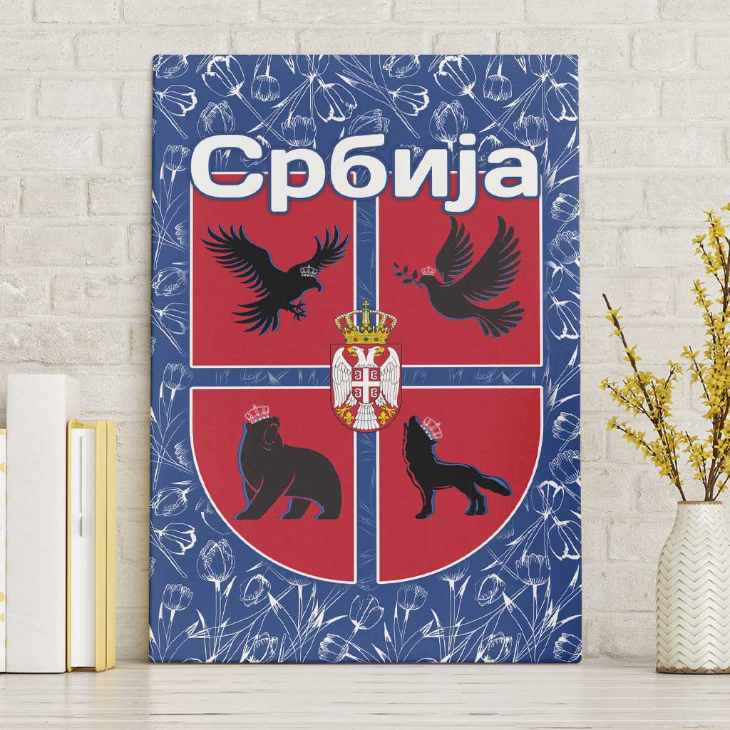 Serbia Canvas Wall Art with Royal Animal Crest and Tulip Floral Blue Background