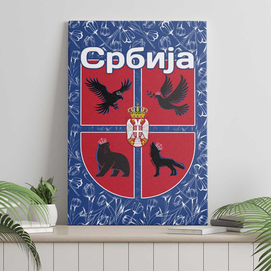 Serbia Canvas Wall Art with Royal Animal Crest and Tulip Floral Blue Background