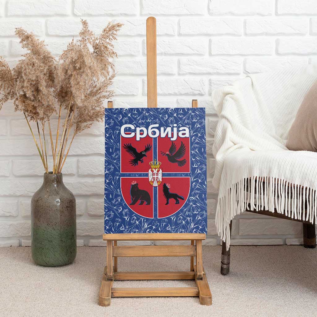 Serbia Canvas Wall Art with Royal Animal Crest and Tulip Floral Blue Background