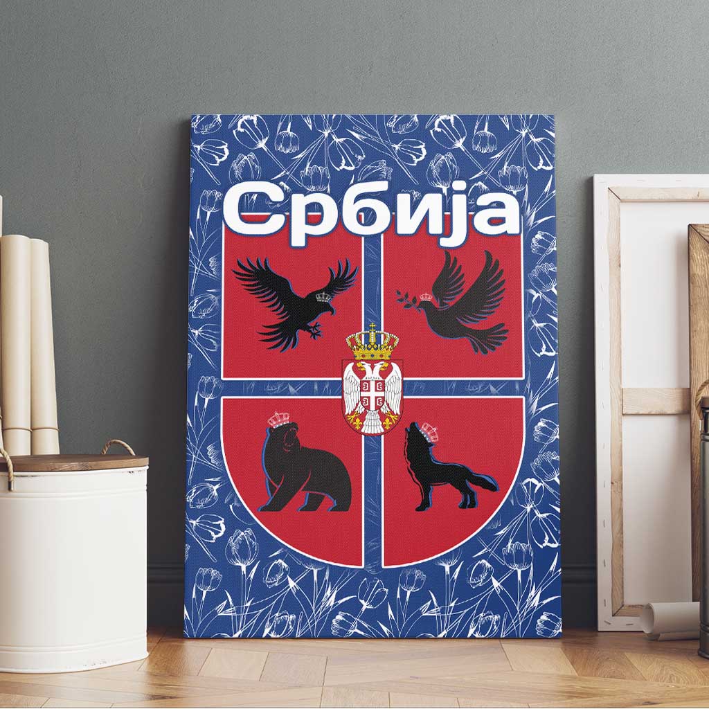 Serbia Canvas Wall Art with Royal Animal Crest and Tulip Floral Blue Background