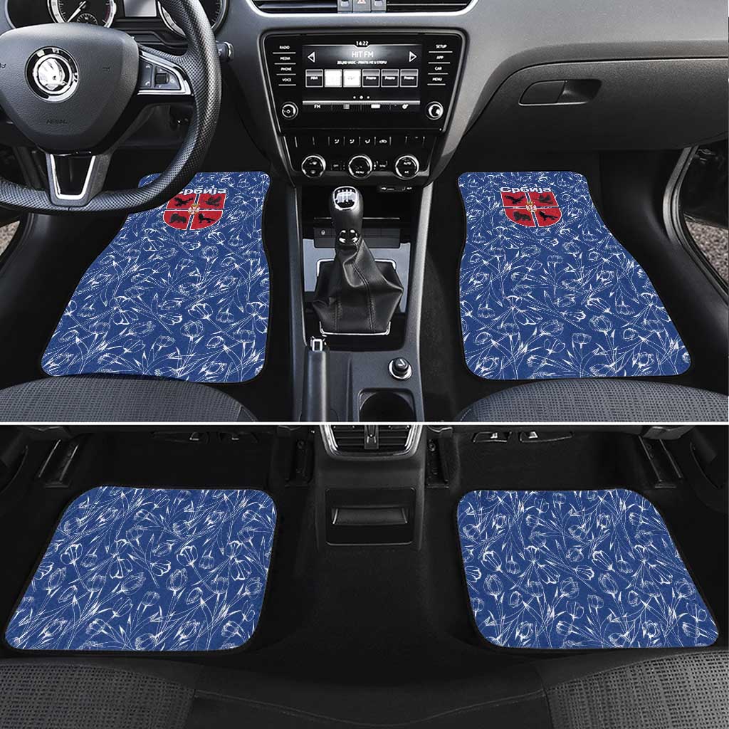 Serbia Car Mats with Royal Animal Crest and Tulip Floral Blue Background