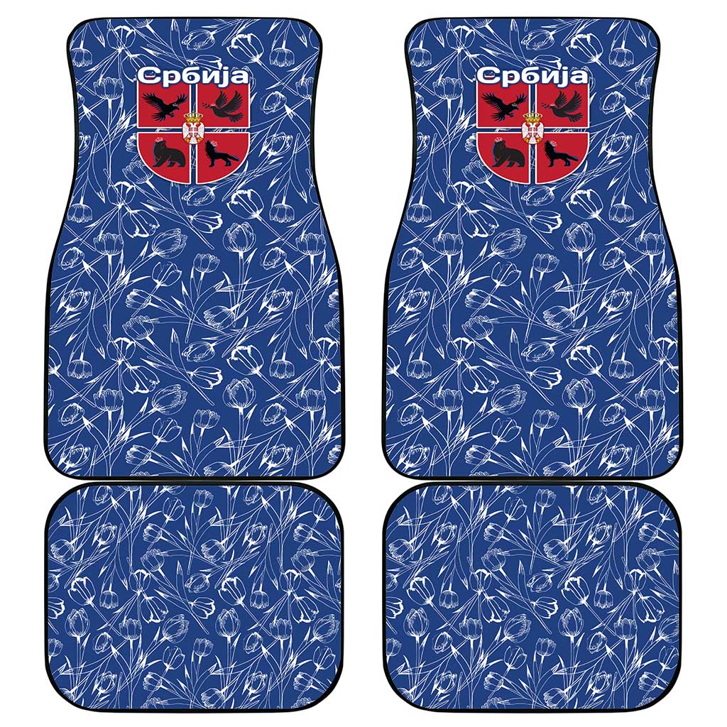 Serbia Car Mats with Royal Animal Crest and Tulip Floral Blue Background