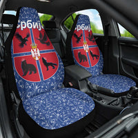 Serbia Car Seat Cover with Royal Animal Crest and Tulip Floral Blue Background