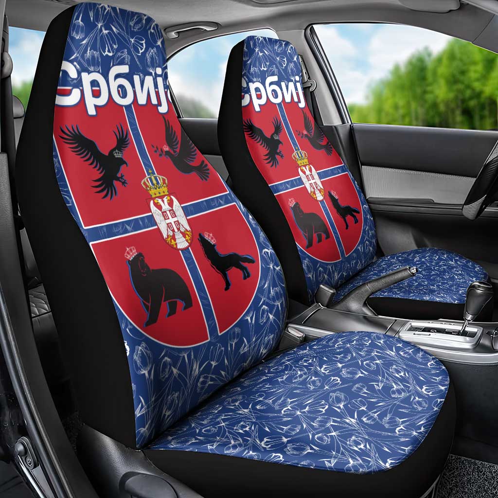 Serbia Car Seat Cover with Royal Animal Crest and Tulip Floral Blue Background