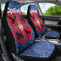 Serbia Car Seat Cover with Royal Animal Crest and Tulip Floral Blue Background
