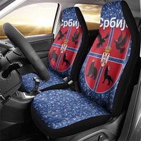Serbia Car Seat Cover with Royal Animal Crest and Tulip Floral Blue Background