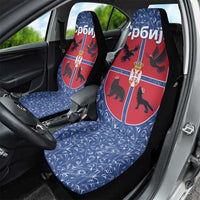 Serbia Car Seat Cover with Royal Animal Crest and Tulip Floral Blue Background