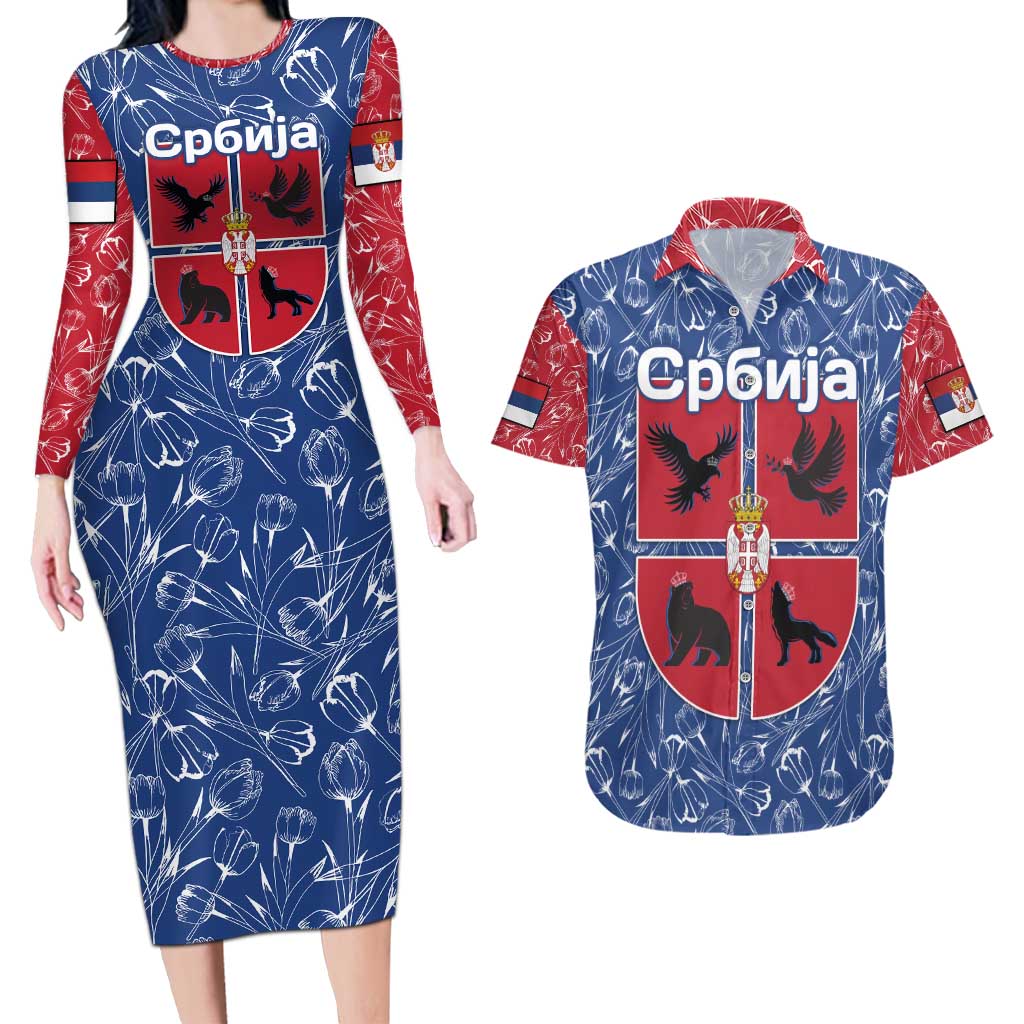 Serbia Couples Matching Long Sleeve Bodycon Dress and Hawaiian Shirt with Royal Animal Crest and Tulip Floral Blue Background