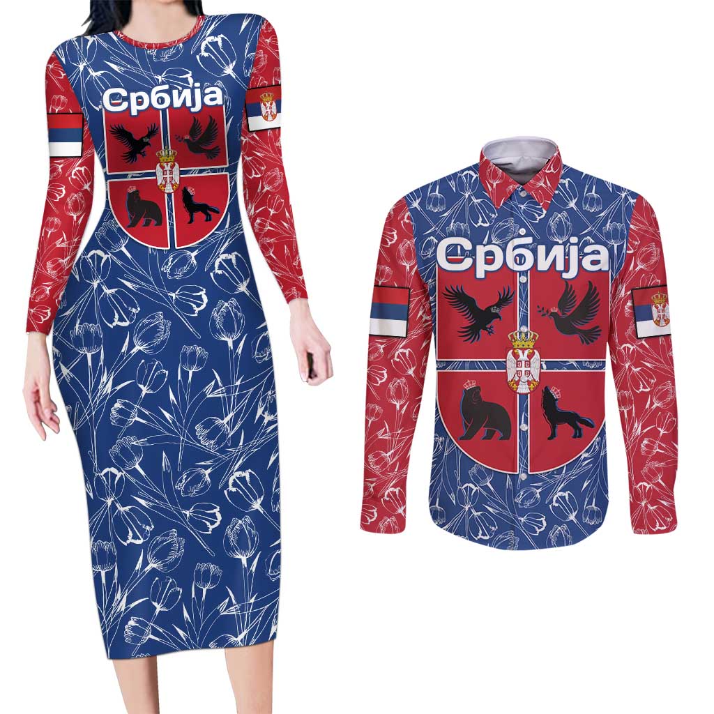 Serbia Couples Matching Long Sleeve Bodycon Dress and Long Sleeve Button Shirt with Royal Animal Crest and Tulip Floral Blue Background