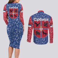Serbia Couples Matching Long Sleeve Bodycon Dress and Long Sleeve Button Shirt with Royal Animal Crest and Tulip Floral Blue Background