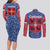 Serbia Couples Matching Long Sleeve Bodycon Dress and Long Sleeve Button Shirt with Royal Animal Crest and Tulip Floral Blue Background
