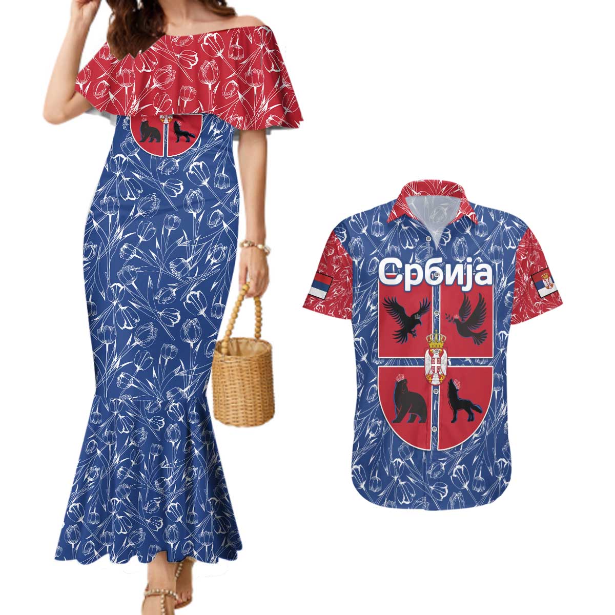 Serbia Couples Matching Mermaid Dress and Hawaiian Shirt with Royal Animal Crest and Tulip Floral Blue Background