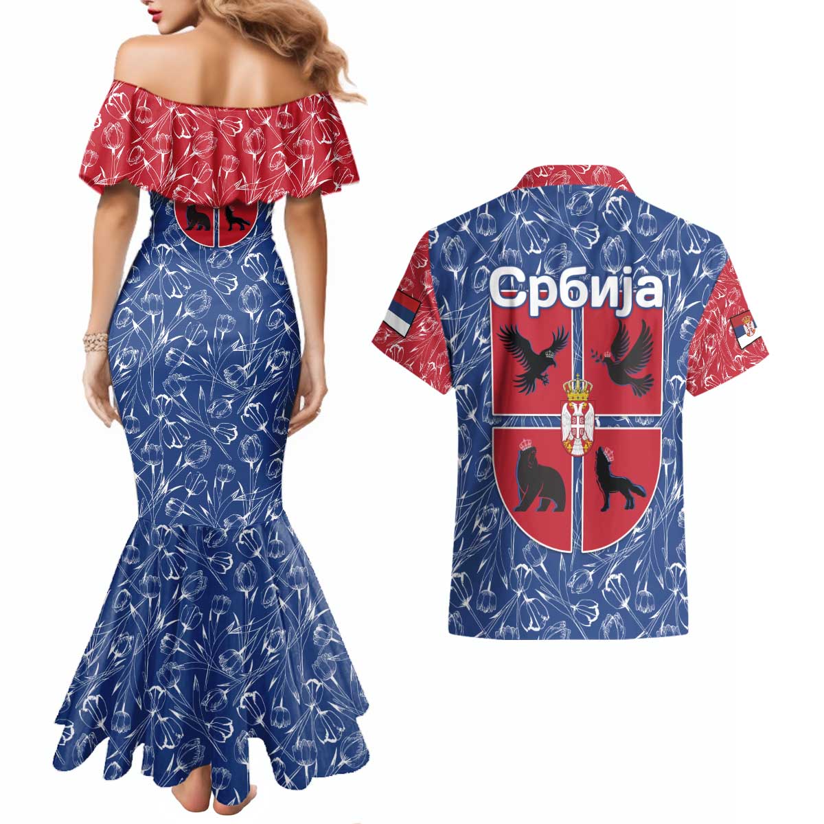 Serbia Couples Matching Mermaid Dress and Hawaiian Shirt with Royal Animal Crest and Tulip Floral Blue Background