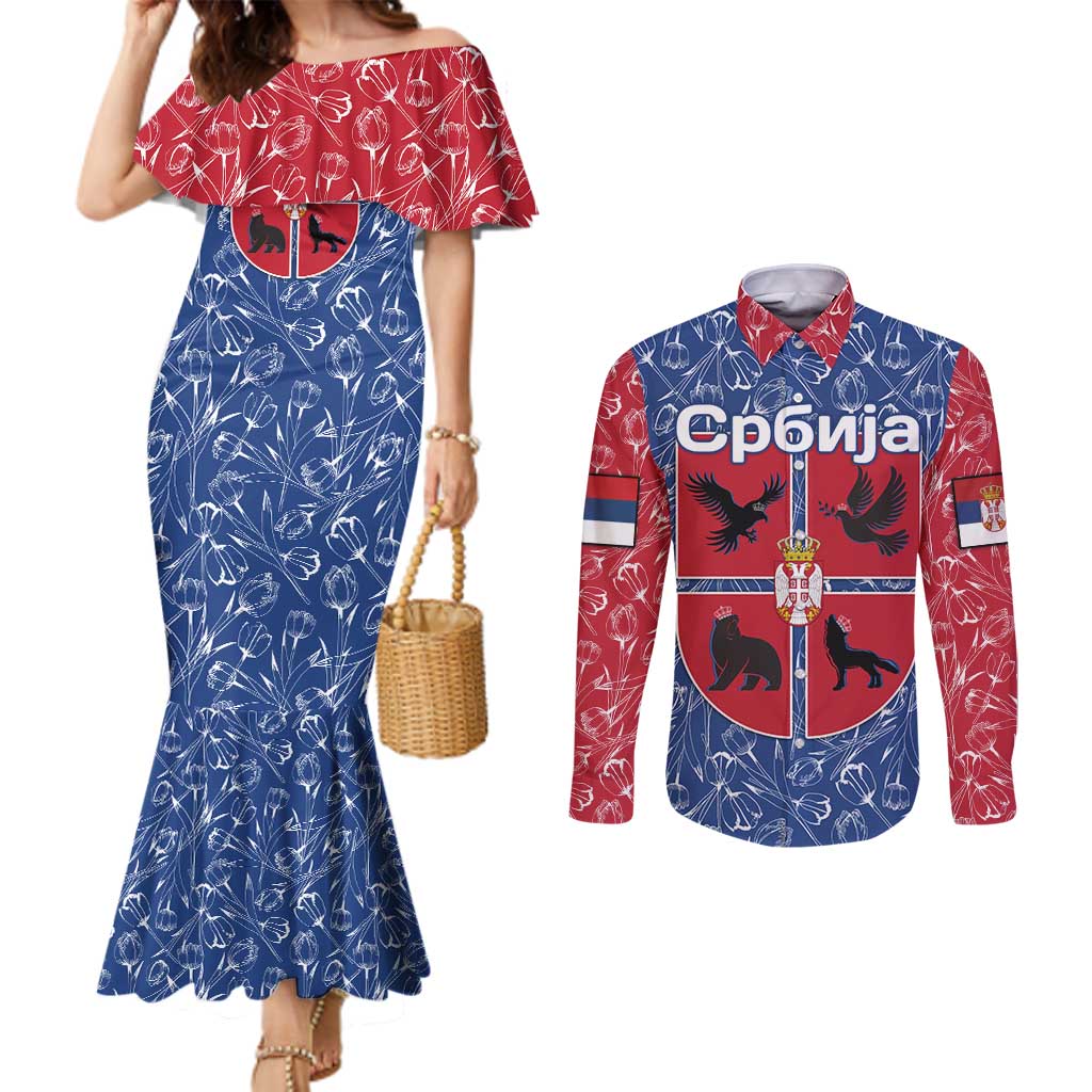 Serbia Couples Matching Mermaid Dress and Long Sleeve Button Shirt with Royal Animal Crest and Tulip Floral Blue Background